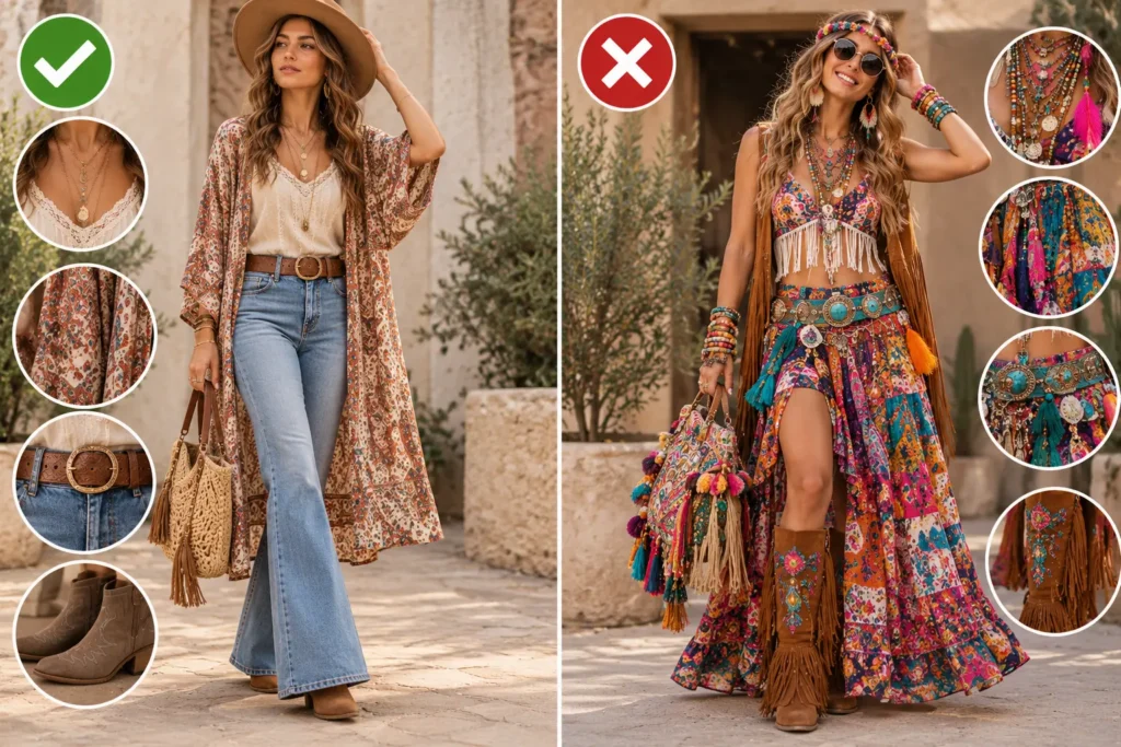 Boho chic vs overdone festival style showing a balanced boho outfit compared with excessive prints, fringe, and accessories