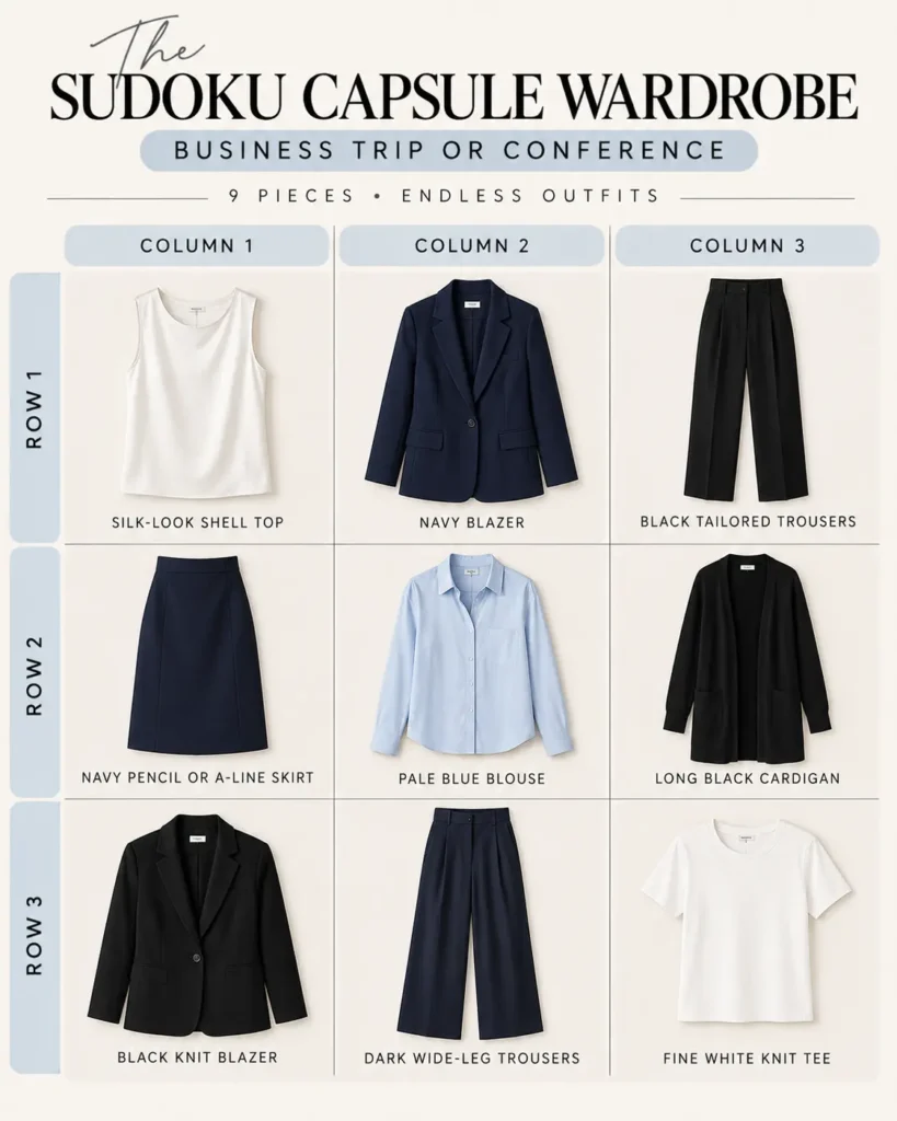 Business trip Sudoku Capsule Wardrobe showing nine professional clothing essentials in a 3×3 grid, including blazers, tailored trousers, blouses, and a midi skirt.