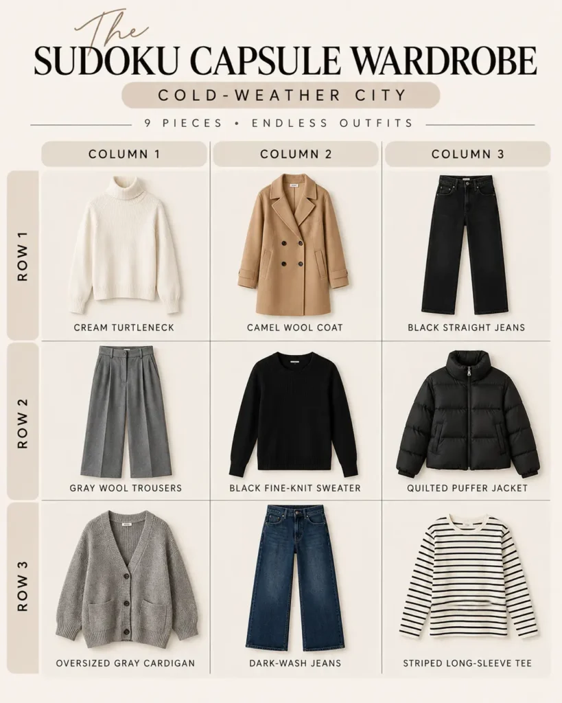Cold-weather Sudoku Capsule Wardrobe 3×3 grid featuring nine winter essentials, including a camel wool coat, cream turtleneck, jeans, sweaters, and layering pieces.