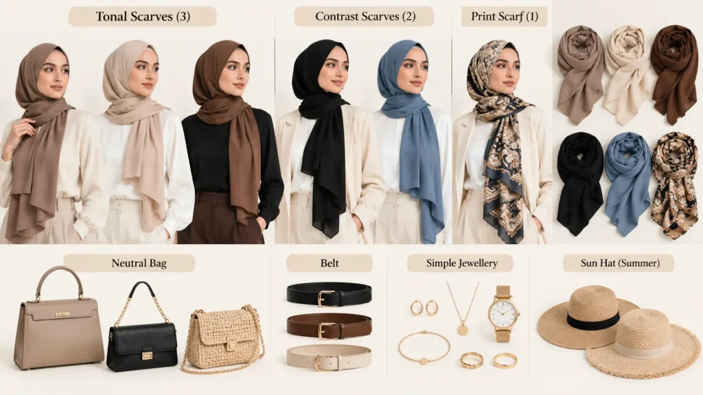 Modest capsule wardrobe hijabs and accessories featuring neutral scarves, printed hijabs, handbags, belts, simple jewelry, and summer hats.