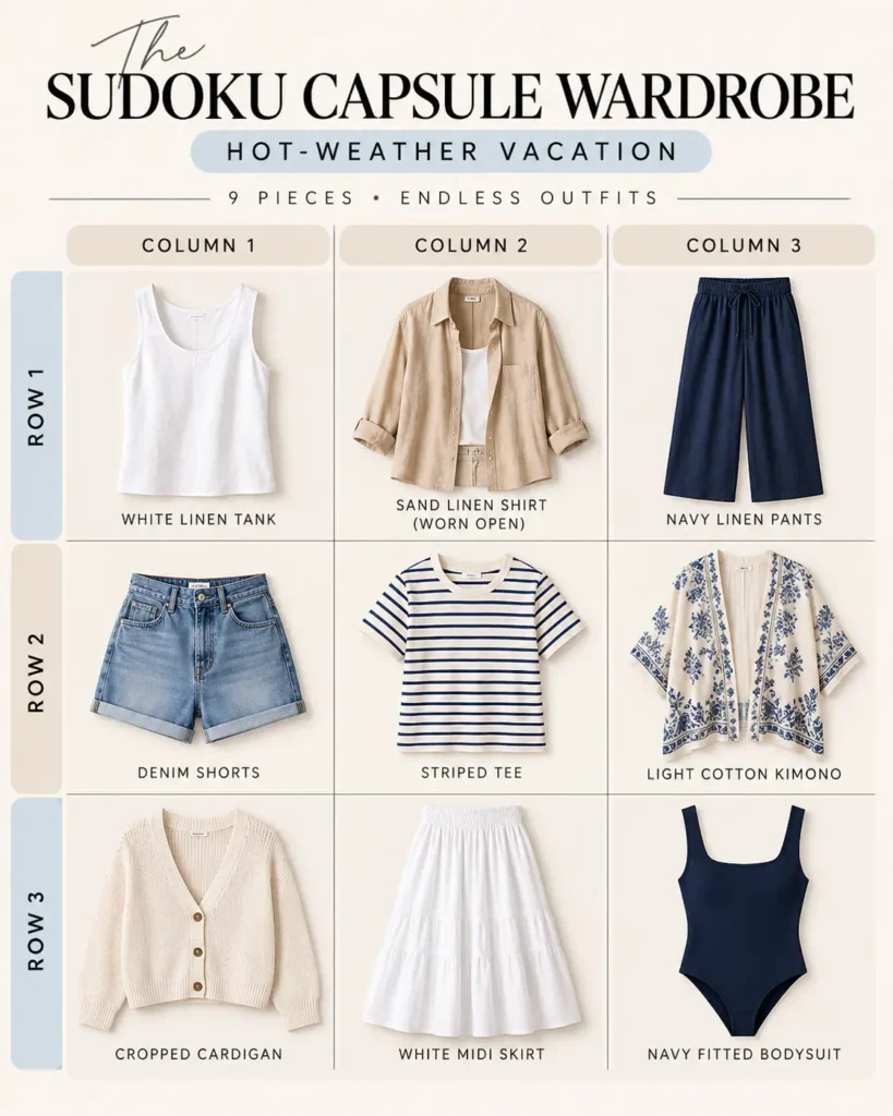 Hot-weather vacation Sudoku Capsule Wardrobe featuring nine summer clothing essentials, including linen tops, shorts, lightweight layers, and a midi skirt in a 3×3 grid.