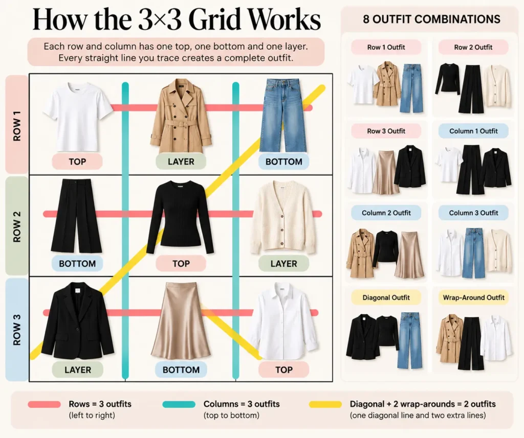 How the 3×3 Sudoku Capsule Wardrobe grid works, showing nine clothing essentials arranged into tops, bottoms, and layering pieces to create multiple outfits.