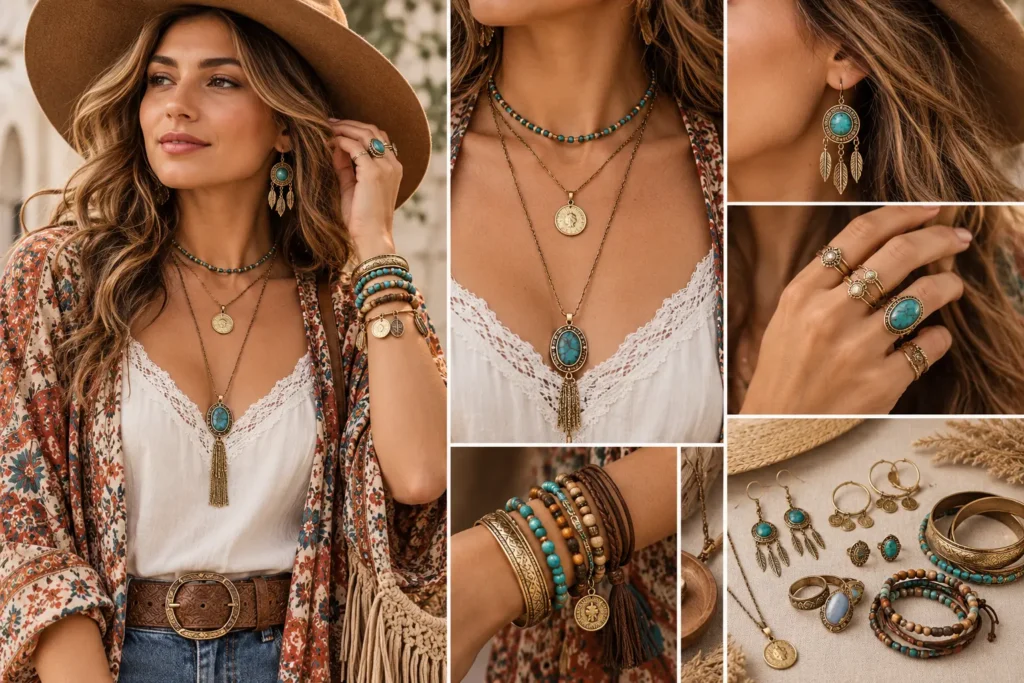 Boho jewelry layering with three necklace lengths, turquoise earrings, stacked bracelets, and rings
