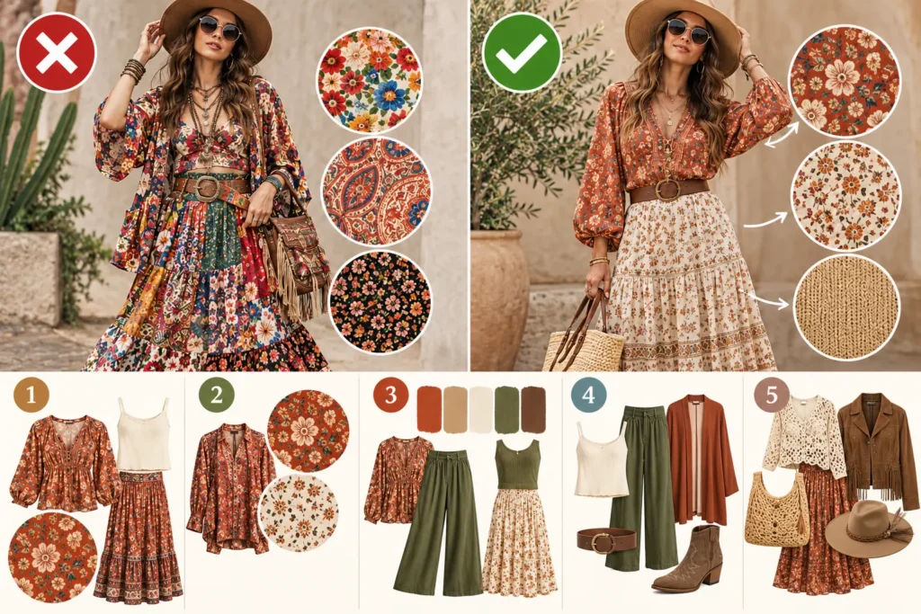 Boho print mixing guide showing a balanced outfit versus an overly busy mix of prints and patterns