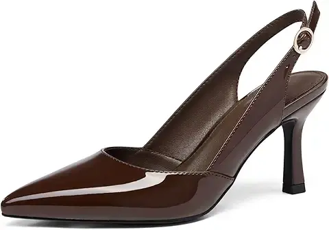 Brown patent leather kitten heels with pointed toes and slingback straps