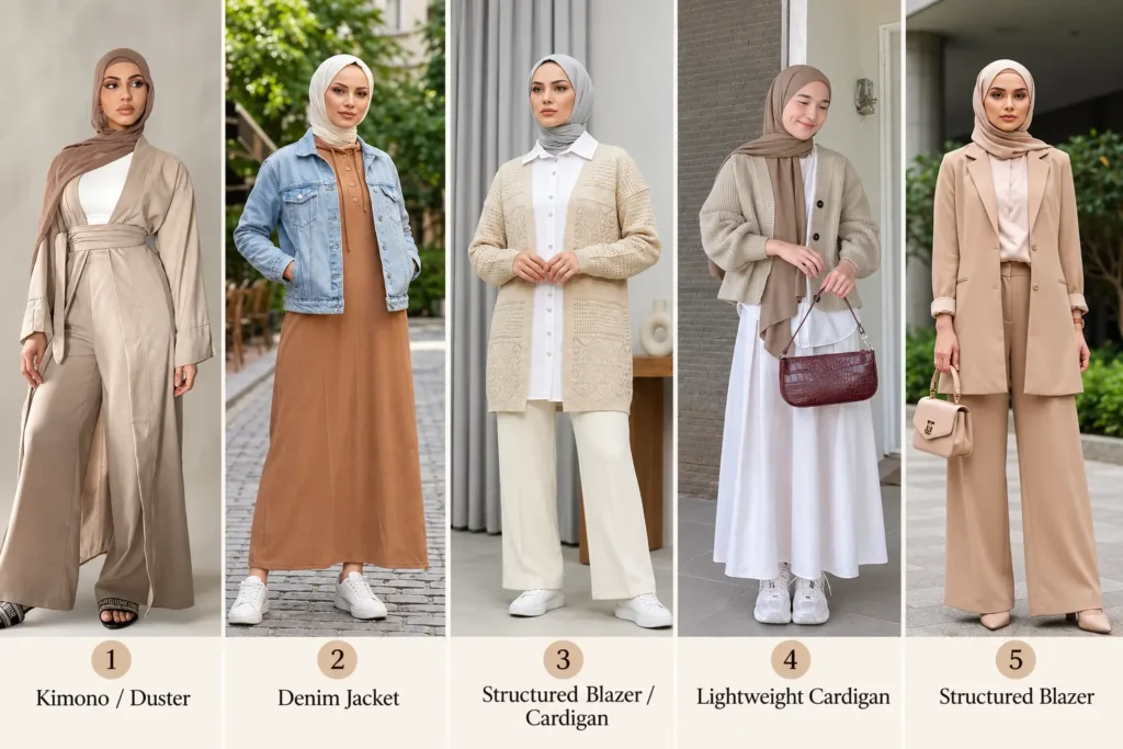 Modest capsule wardrobe layering pieces including long cardigans, lightweight cardigans, structured blazers, denim jackets, and kimonos.