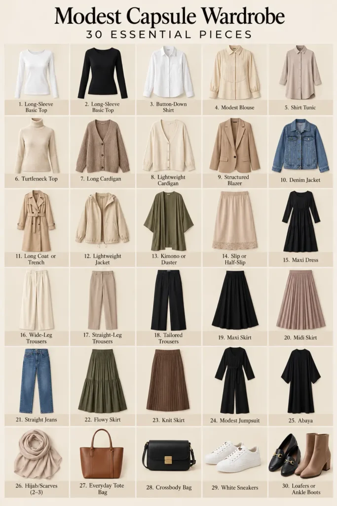 Modest capsule wardrobe essentials infographic featuring neutral tops, midi and maxi skirts, trousers, dresses, abayas, cardigans, outerwear, hijab, and shoes.