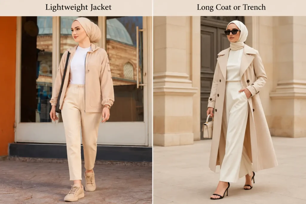 Modest capsule wardrobe outerwear ideas featuring versatile coats and jackets styled with modest outfits in neutral colors.