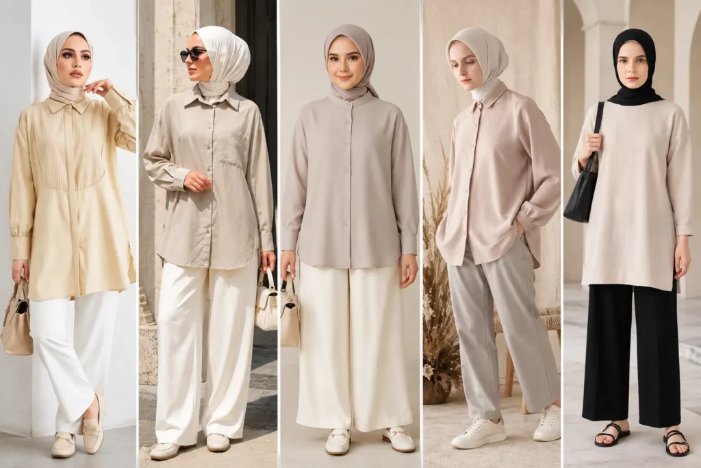 Essential modest capsule wardrobe tops featuring versatile long-sleeve shirts, blouses, and relaxed-fit tops in neutral colors.