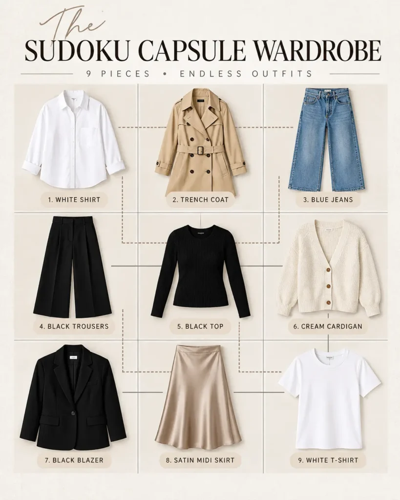 Nine clothing essentials laid flat on a bed in a 3×3 Sudoku Capsule Wardrobe grid, featuring versatile tops, bottoms, and layering pieces for creating multiple outfits.