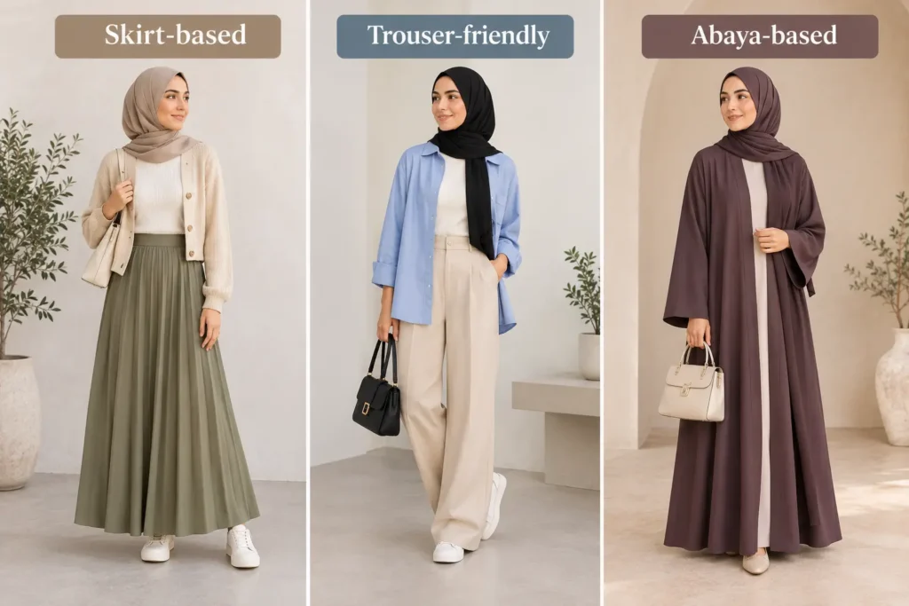 Three modest capsule wardrobe outfit styles featuring a maxi skirt with cardigan, wide-leg trousers with a long shirt, and a flowing abaya with matching hijabs.