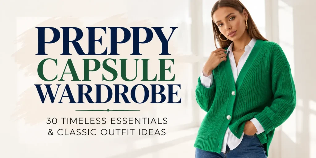 Preppy capsule wardrobe featuring a woman wearing a green knit cardigan, white Oxford shirt, and blue jeans, with 30 timeless essentials and classic outfit ideas.