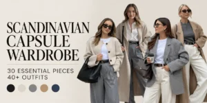 Scandinavian capsule wardrobe featuring four women in minimalist Nordic outfits with neutral coats, oversized blazers, knitwear, and tailored trousers, showcasing 30 essentials for 40+ outfits.