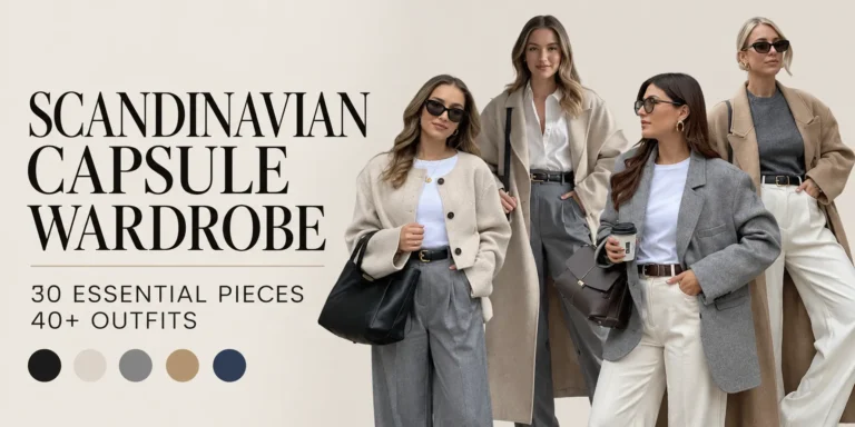 Scandinavian capsule wardrobe featuring four women in minimalist Nordic outfits with neutral coats, oversized blazers, knitwear, and tailored trousers, showcasing 30 essentials for 40+ outfits.
