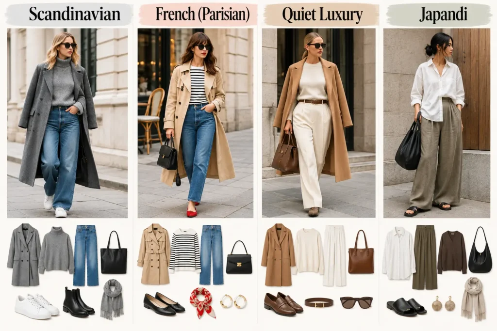 Scandinavian vs French vs Quiet Luxury vs Japandi fashion styles comparison, featuring minimalist women's outfits, neutral colors, timeless clothing, and elegant wardrobe essentials.