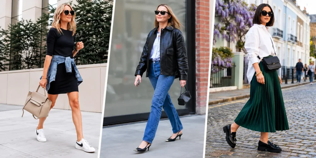 Shoe capsule wardrobe outfits with white sneakers, kitten heels, and black loafers