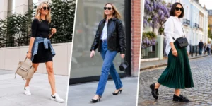 Shoe capsule wardrobe outfits with white sneakers, kitten heels, and black loafers