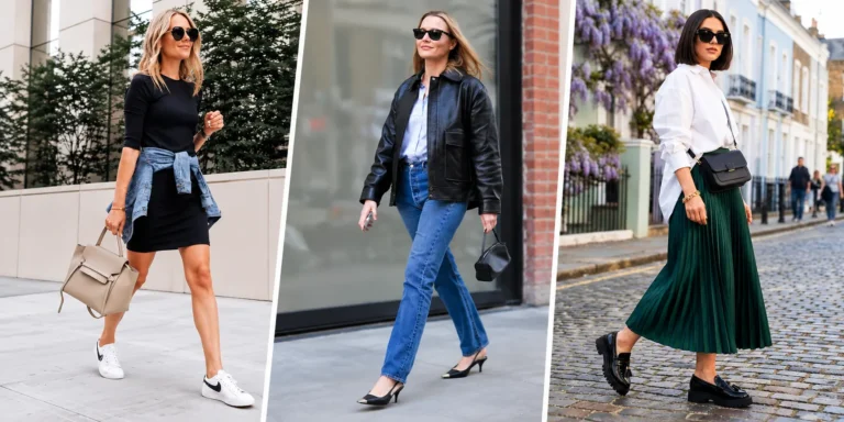 Shoe capsule wardrobe outfits with white sneakers, kitten heels, and black loafers