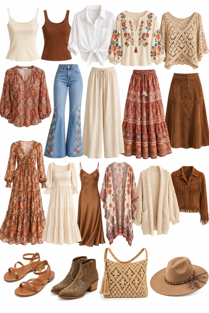 Boho capsule wardrobe checklist featuring 20 core pieces including tops, bottoms, dresses, layers, shoes, and accessories.