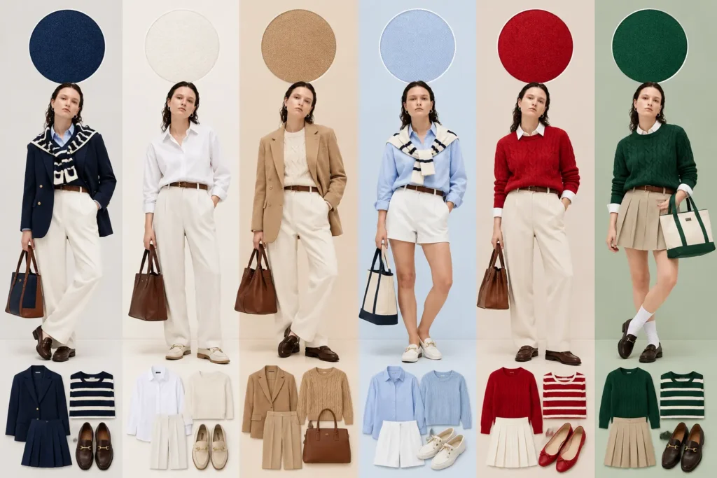 Navy, white, camel, light blue, red and green color swatches