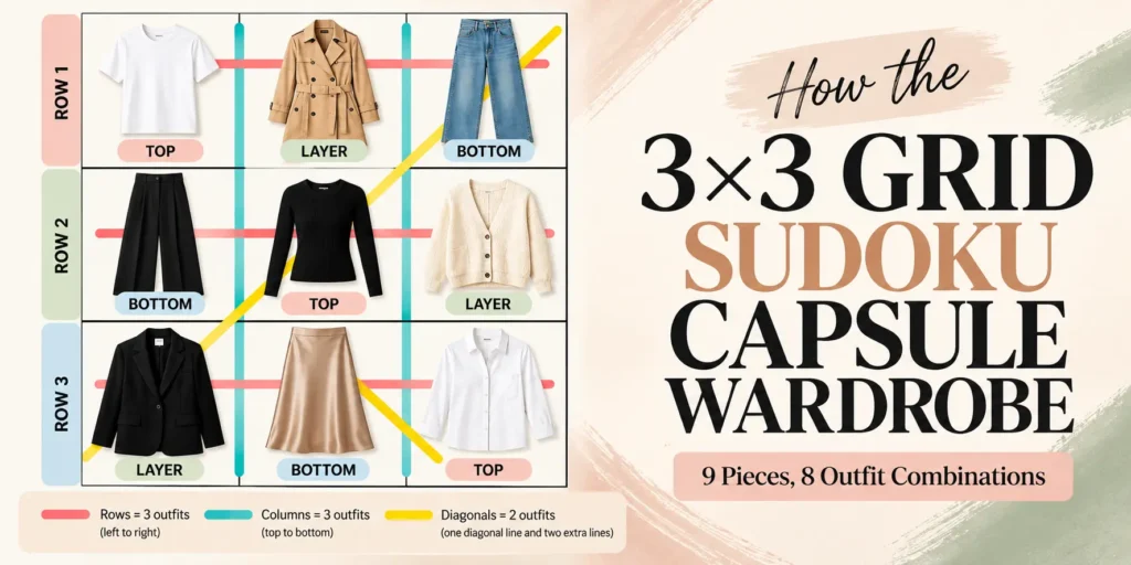 Sudoku Capsule Wardrobe featured image showing a 3×3 grid of nine clothing essentials, including tops, bottoms, and layering pieces, with colored lines illustrating outfit combinations.