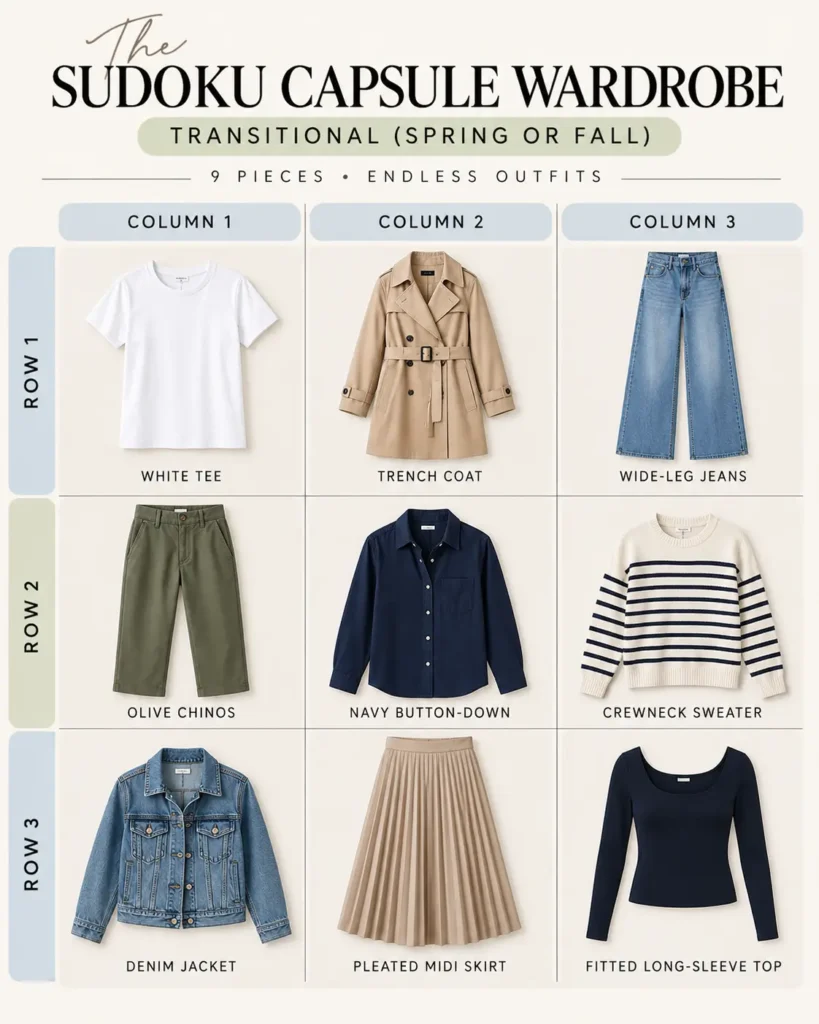 Spring and fall Sudoku Capsule Wardrobe 3×3 grid featuring nine versatile clothing pieces, including a trench coat, denim jacket, jeans, sweaters, and tops.