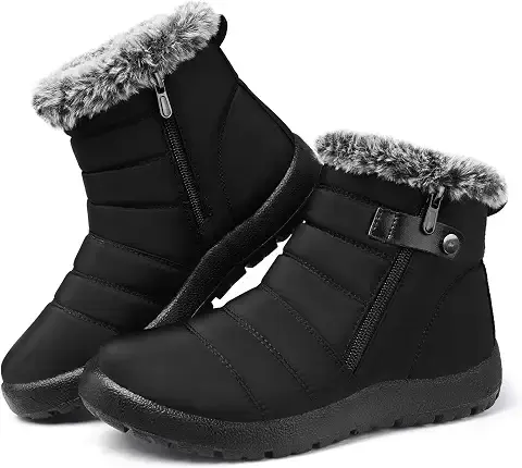 Black insulated weather boots with faux fur trim for winter