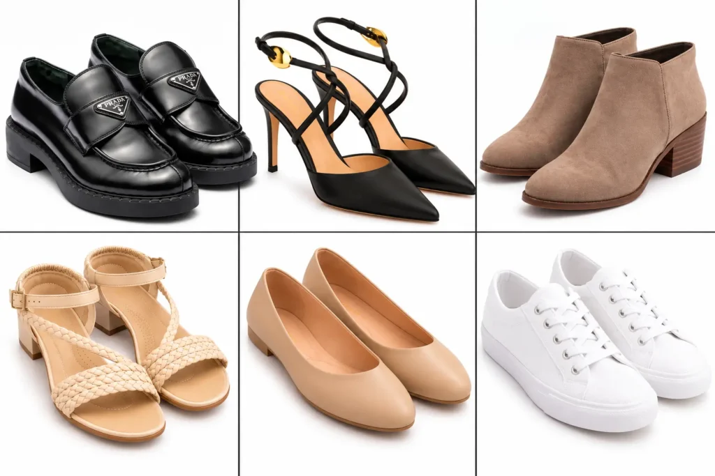 Shoe capsule wardrobe with loafers, heels, ankle boots, sandals, ballet flats, and white sneakers
