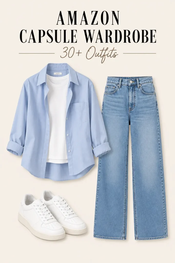 Relaxed Amazon capsule wardrobe outfit featuring an open button-down shirt over a white T-shirt, jeans, and white sneakers.