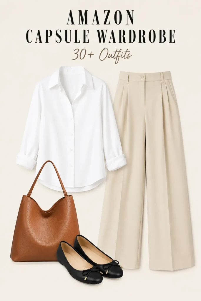 Amazon capsule wardrobe outfit featuring a button-down shirt, wide-leg trousers, ballet flats, and a tote bag.