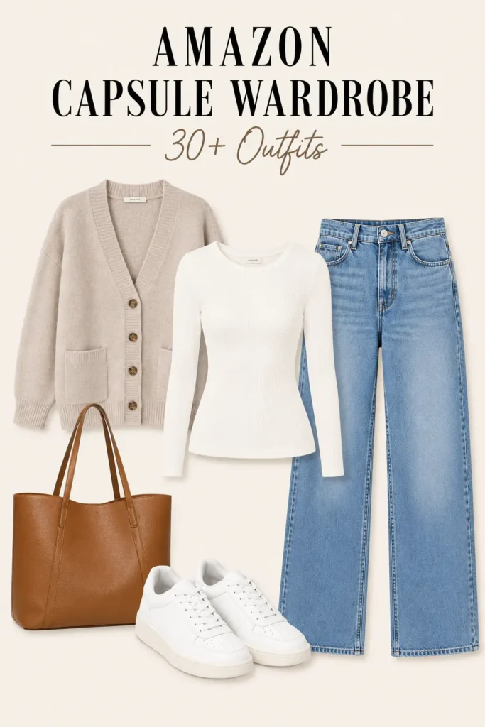 Casual capsule wardrobe outfit with a long-sleeve top, cardigan, blue jeans, white sneakers, and a tote bag.