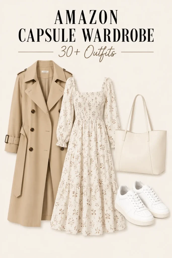 Amazon capsule wardrobe outfit featuring a cream floral midi dress, beige trench coat, white sneakers, and neutral tote bag.