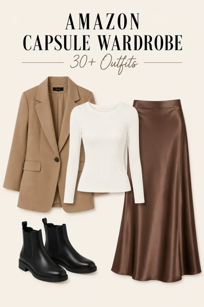 Women's capsule wardrobe outfit featuring a long-sleeve top, satin slip skirt, tailored blazer, and Chelsea boots.