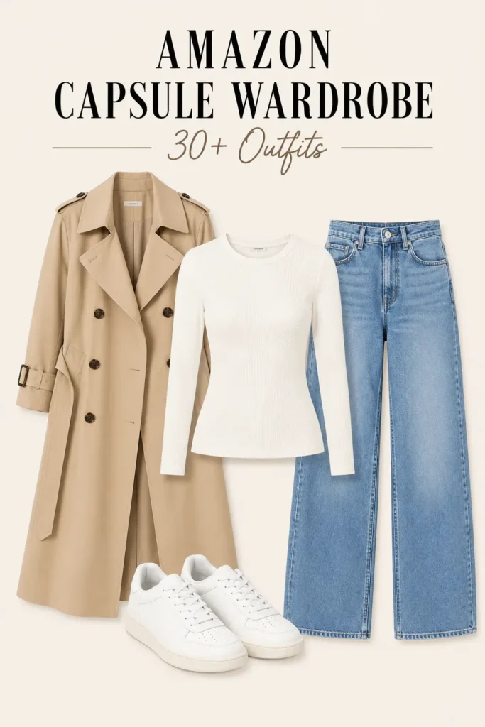 Everyday capsule wardrobe outfit with a long-sleeve top, blue jeans, classic trench coat, and white sneakers.