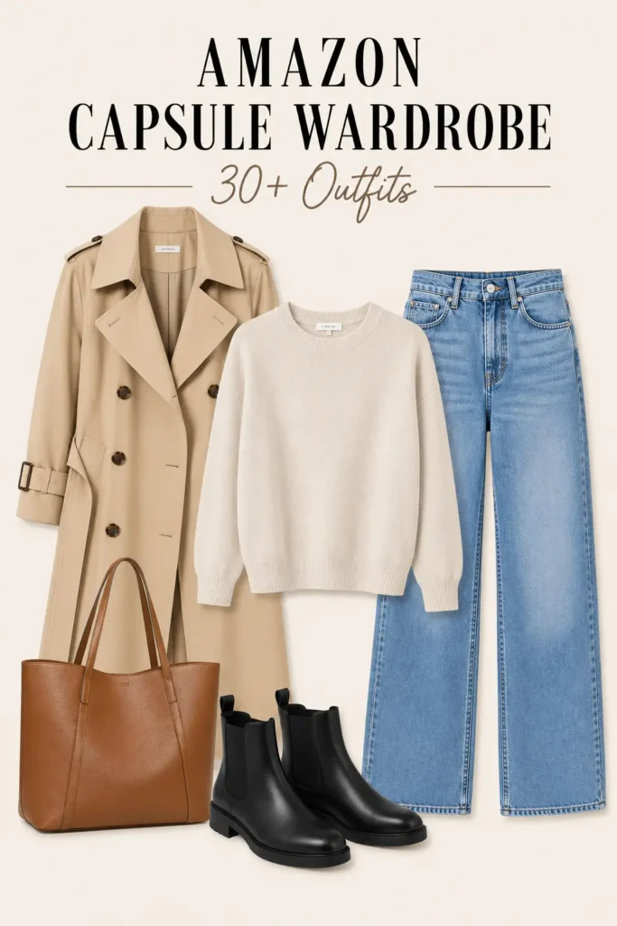 Fall capsule wardrobe outfit featuring a beige trench coat, cream crewneck sweater, blue jeans, black Chelsea boots, and brown tote bag.