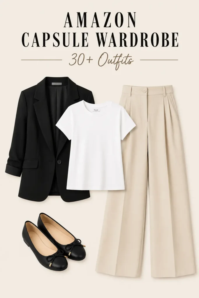 Casual Amazon capsule wardrobe outfit with a white T-shirt, blazer, wide-leg trousers, and ballet flats.