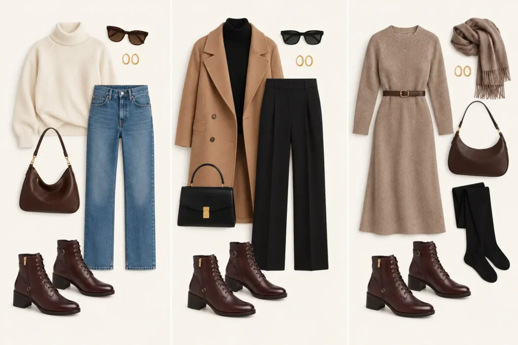 Brown ankle boots styled with straight jeans, black trousers, and a knit dress
