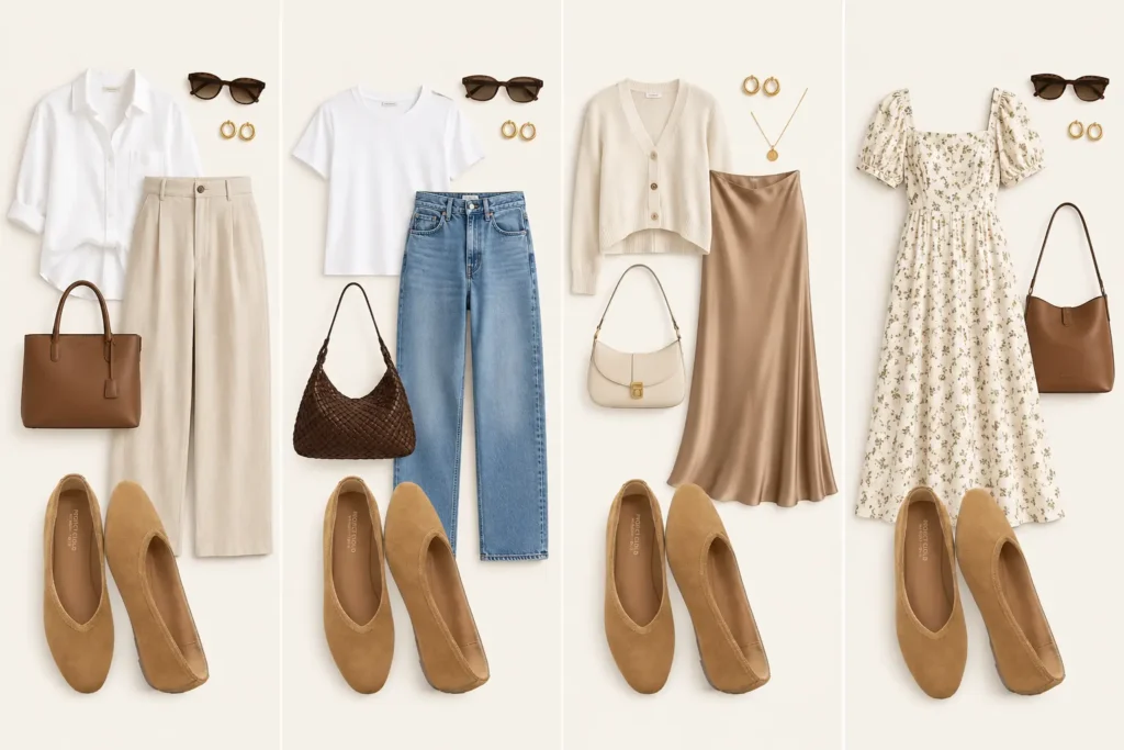 Ballet flats styled with linen trousers, relaxed denim, a slip skirt, and a simple dress