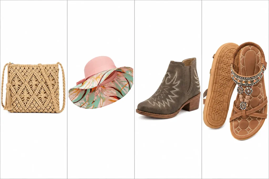 Boho accessories and shoes including macrame bag, wide-brim hat, ankle boots, and sandals