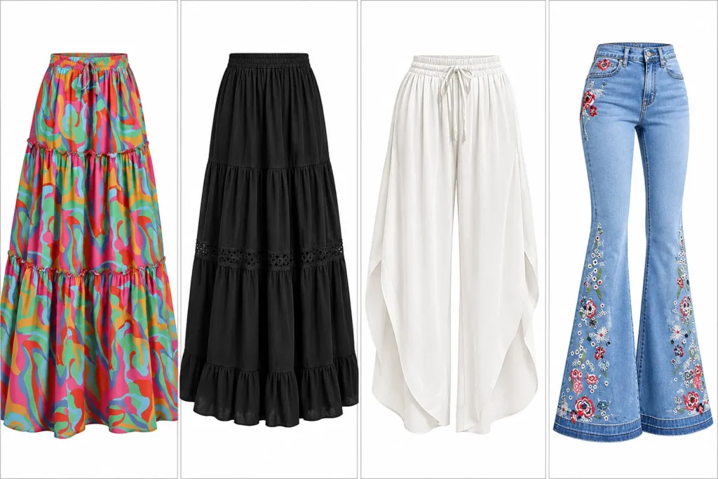 Boho wardrobe bottoms including maxi skirts, wide-leg pants, and embroidered flare jeans