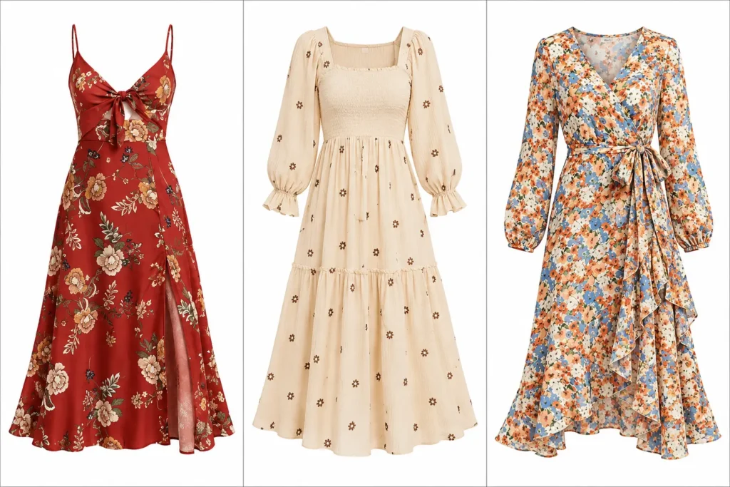 Boho dresses including floral midi, cream maxi, and colorful wrap dresses