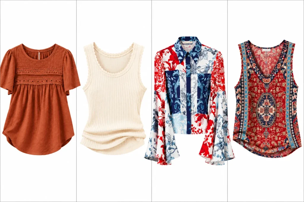 Boho capsule wardrobe foundation tops including tanks, blouses, and patterned tops