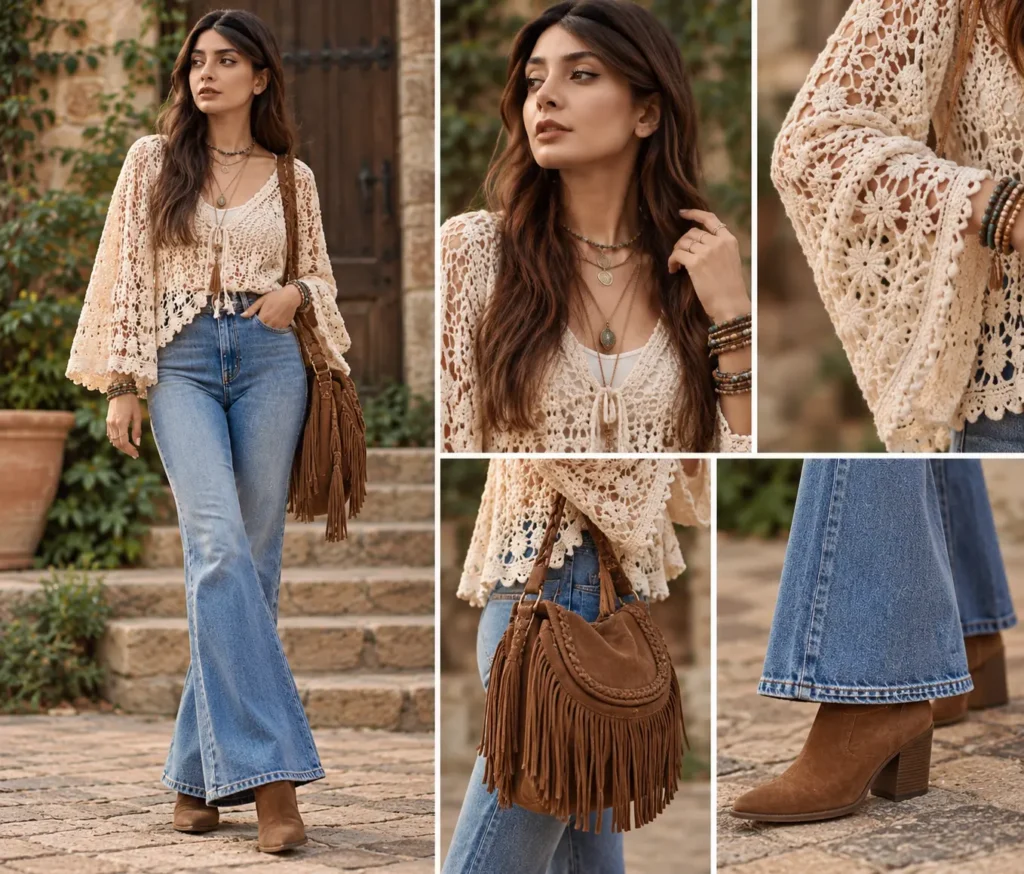 Boho outfit with cream crochet top over a cami, flare jeans, suede ankle boots, and layered jewelry
