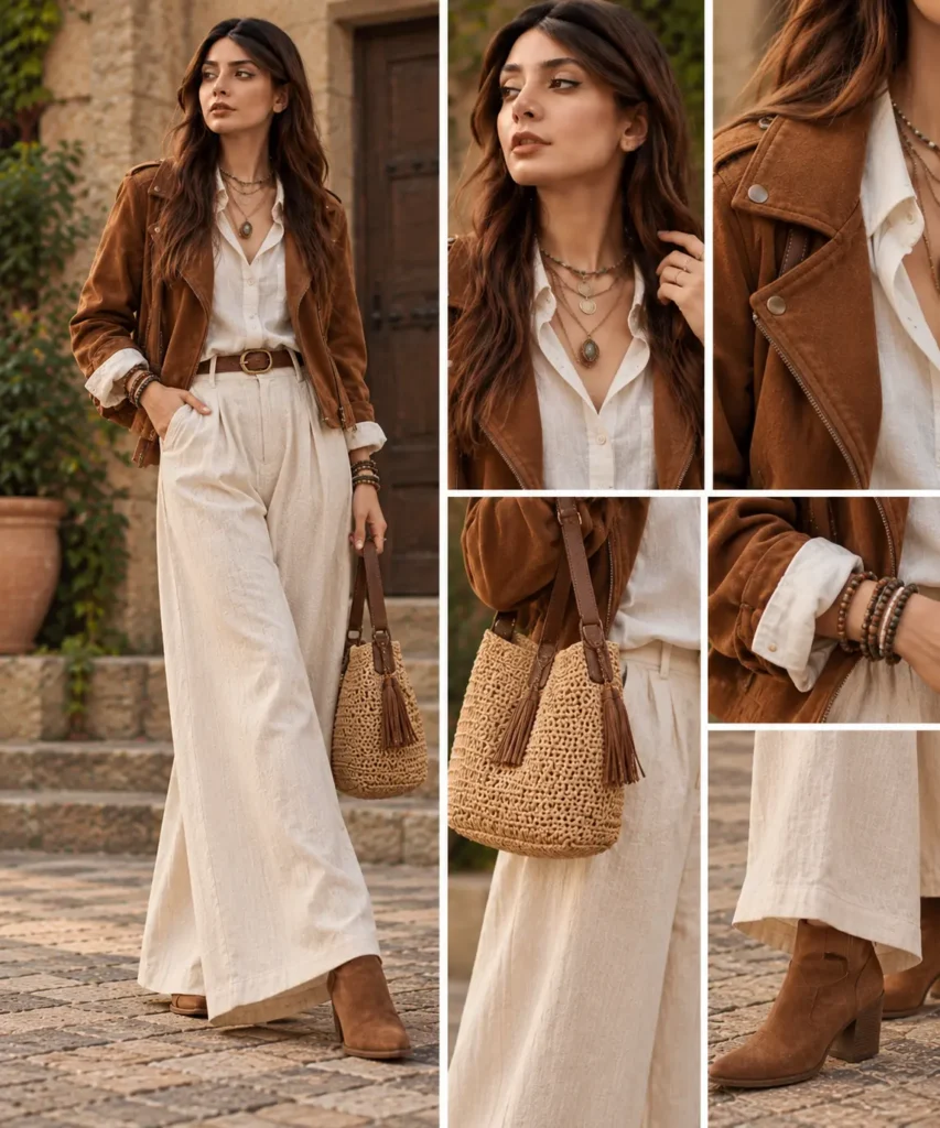 Boho outfit with white linen shirt, wide-leg linen pants, brown suede jacket, ankle boots, and boho jewelry