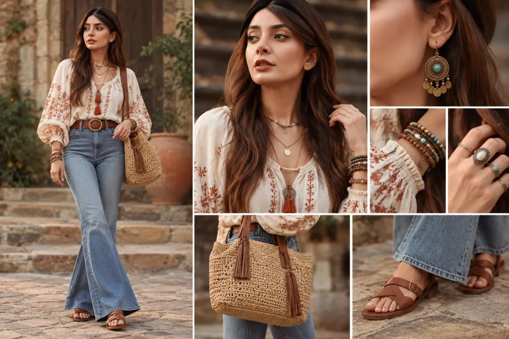 Boho outfit with embroidered peasant blouse, flare jeans, leather sandals, woven bag, and layered jewelry