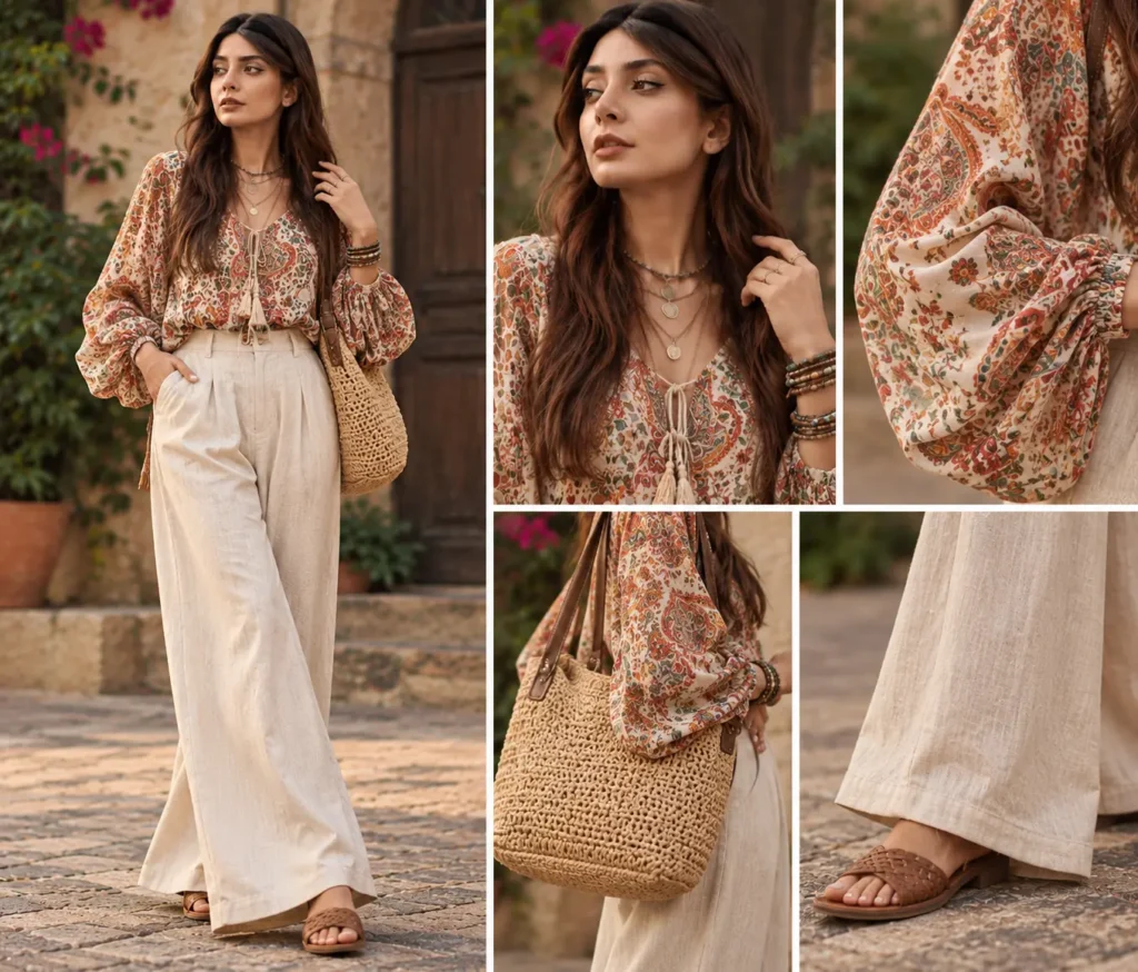 Boho outfit with printed blouse, cream wide-leg linen pants, woven bag, sandals, and layered jewelry