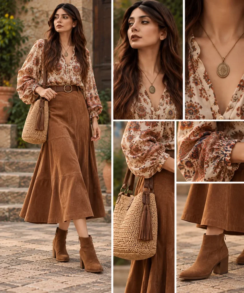 Boho outfit with printed blouse tucked into a brown suede midi skirt, ankle boots, and a pendant necklace