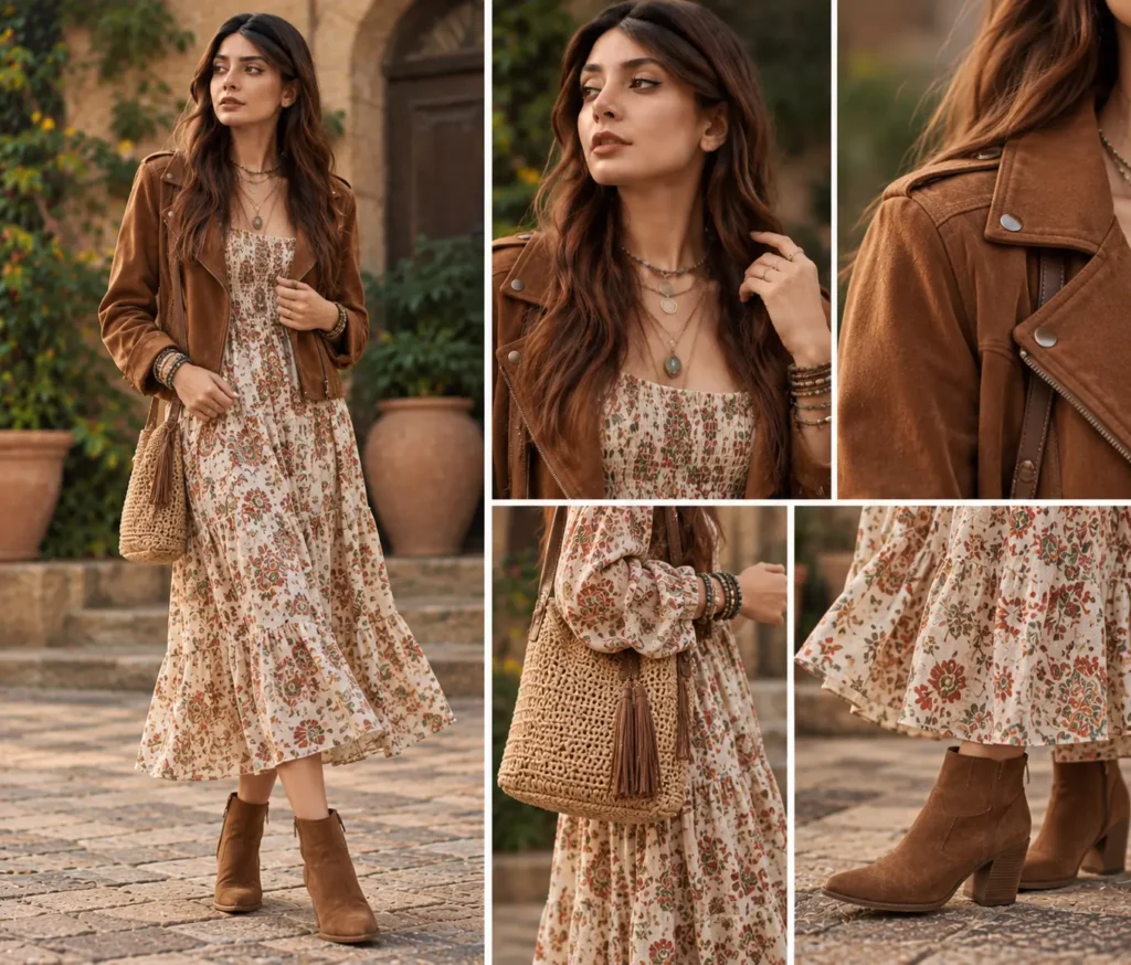 Boho outfit with smocked midi dress, brown suede jacket, ankle boots, woven bag, and layered jewelry