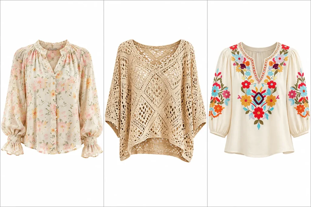 Boho statement tops featuring floral, crochet, and colorful embroidered blouses