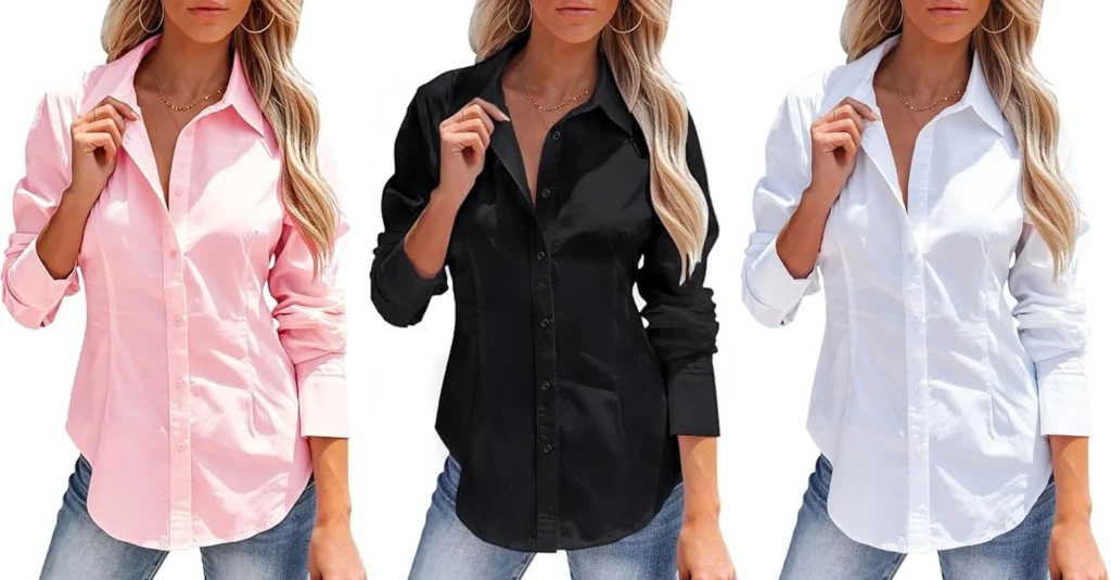 Three classic women's button-down shirts in pink, black, and white styled with blue jeans.